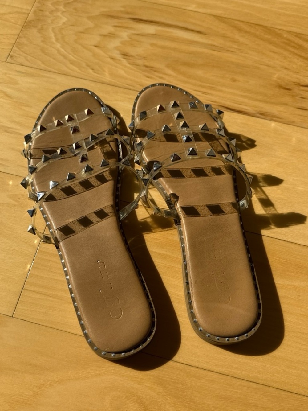 Studded Clear Strappy Sandals - Tan Footbed